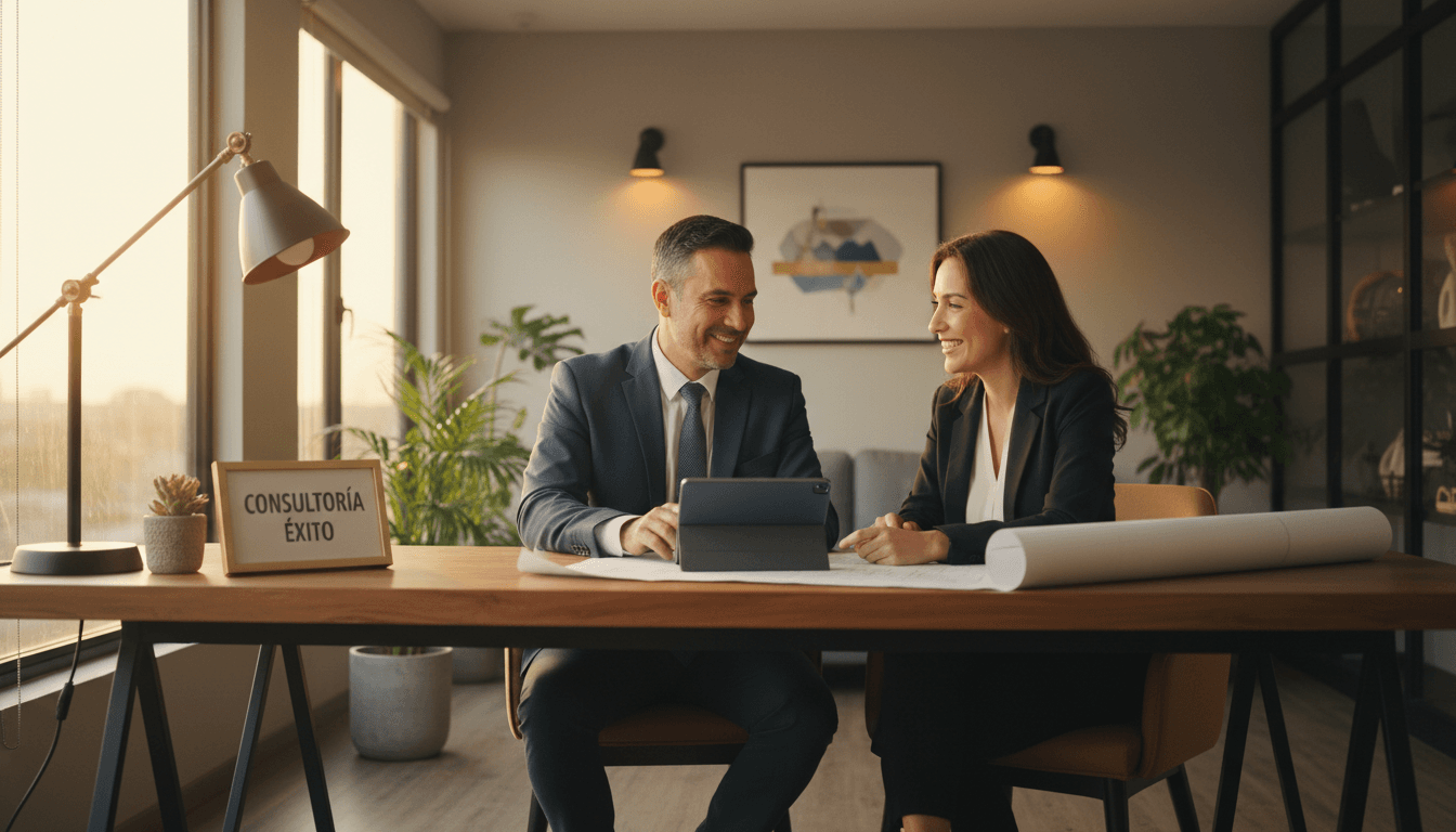 Profesional de negocios latino trabajando con cliente en oficina acogedora