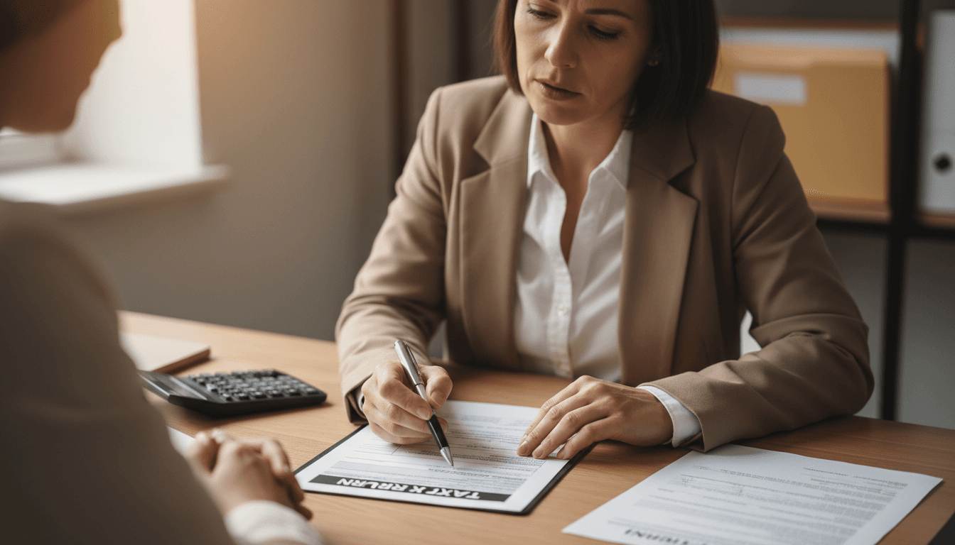 Professional woman explaining tax documents to a client in an office setting