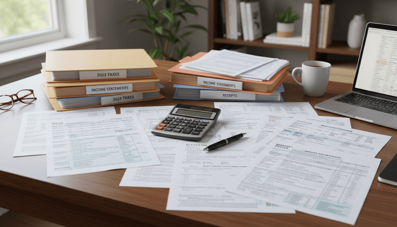 Documentos de impuestos y formularios financieros organizados en escritorio profesional