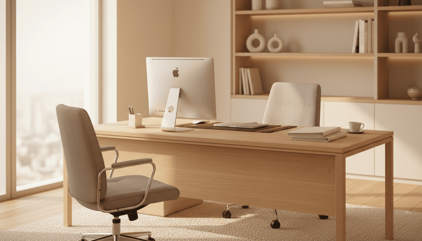 Professional office workspace with organized desk and natural lighting