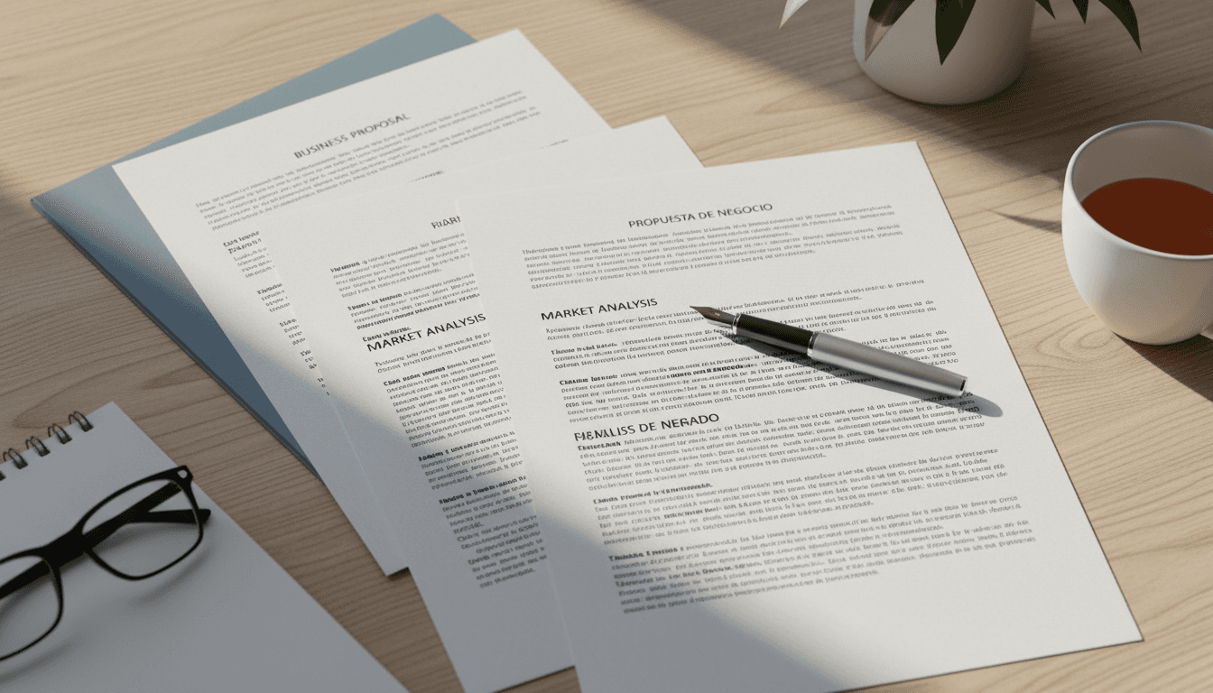 Bilingual business documents and tax paperwork on a professional desk