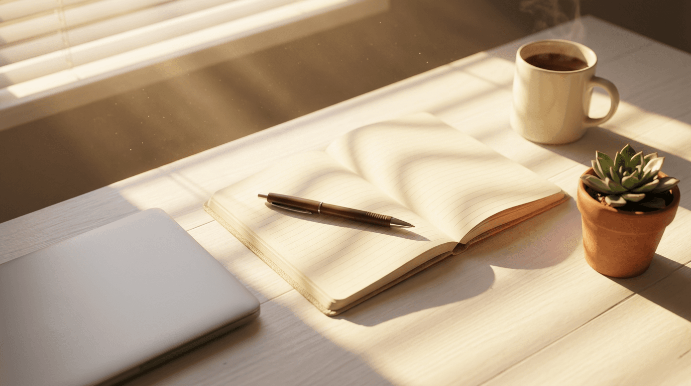 A welcoming office workspace with natural light, notebook, and pen ready for consultation