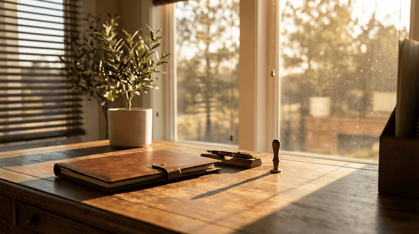 Bilingual business document with English and Spanish text on a wooden desk