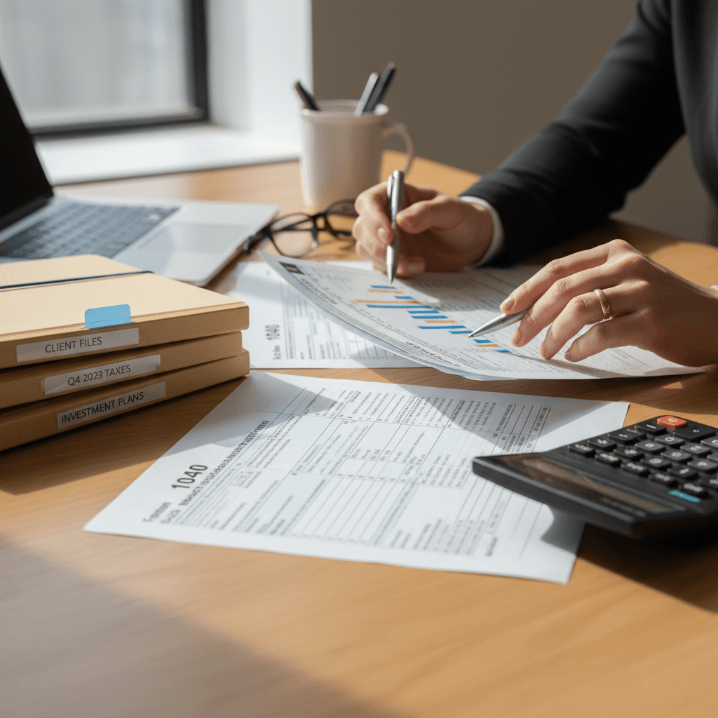 Tax preparation documents on desk