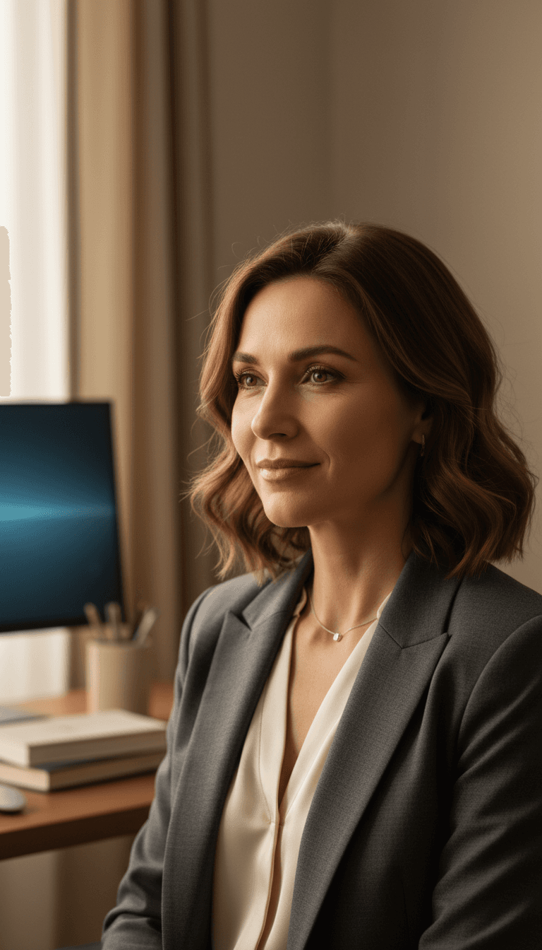 Woman reviewing tax documents at office desk
