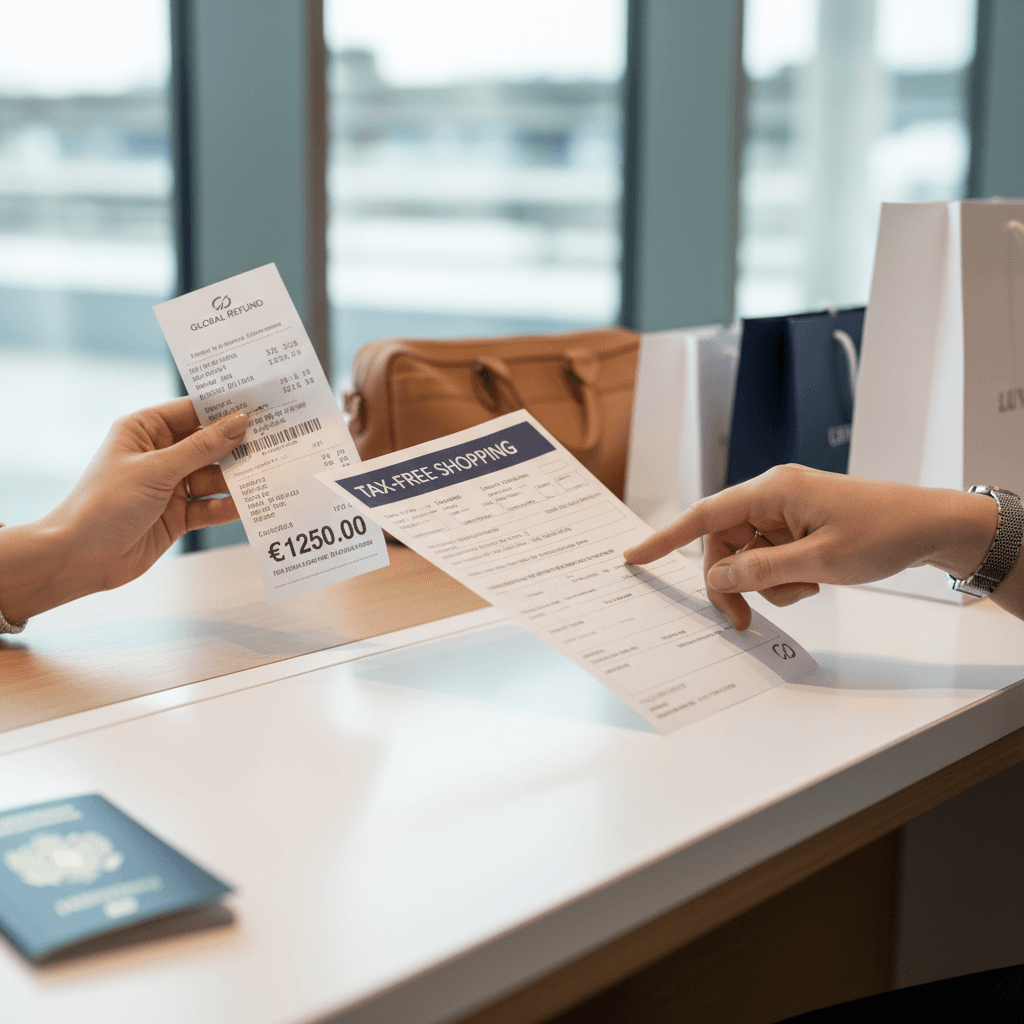 Close-up of tourist hands holding tax refund receipt and passport at service desk with natural lighting